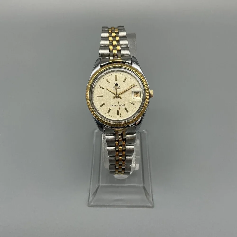 Vintage Timex Aqua Womens Watch 25mm Two Tone Date Fluted New Battery 6.75